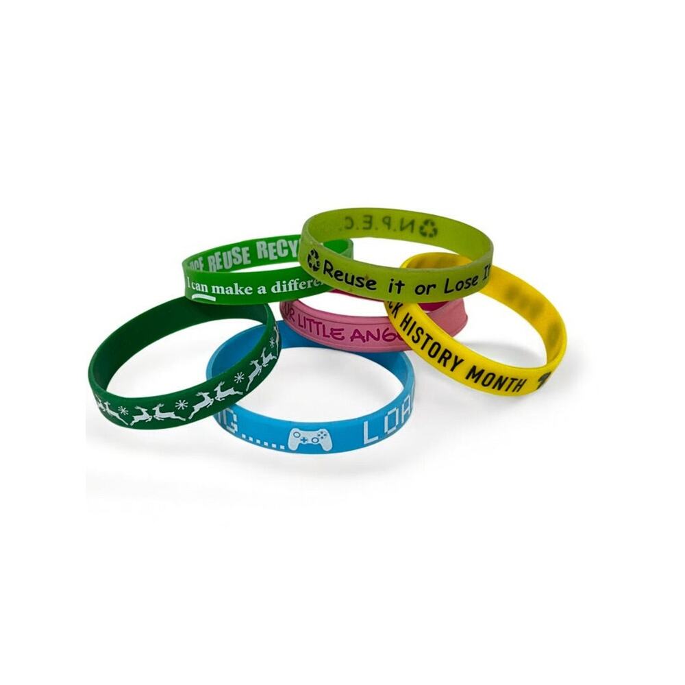 Lot of 6 Assorted Rubber Bracelets Holiday Recycle Gaming Black History